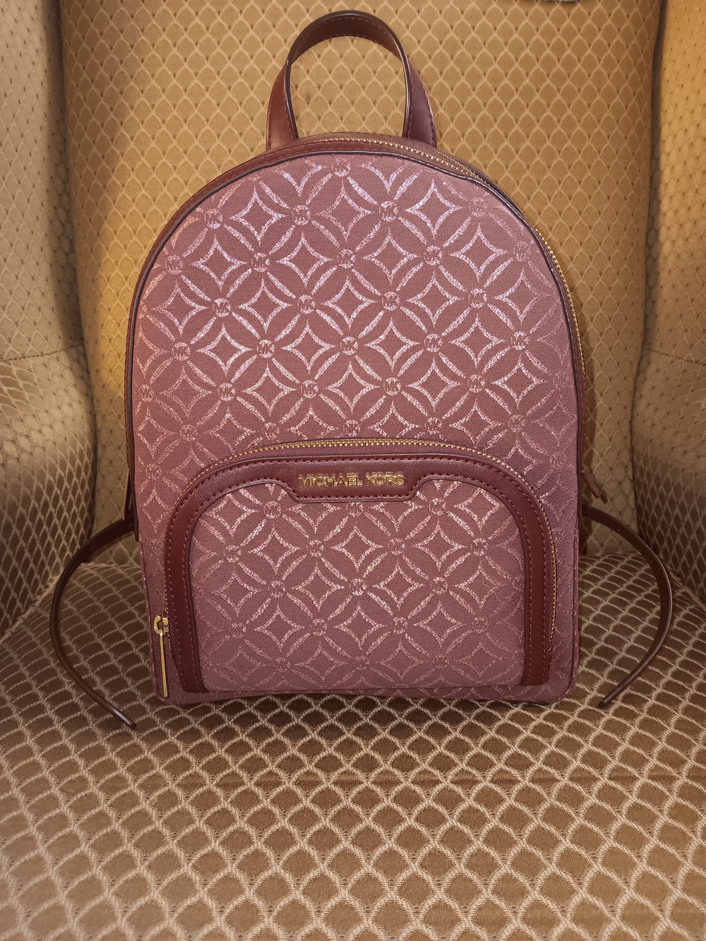 Michael Kors Burgundy And Gold Geometric Jacquard Backpack